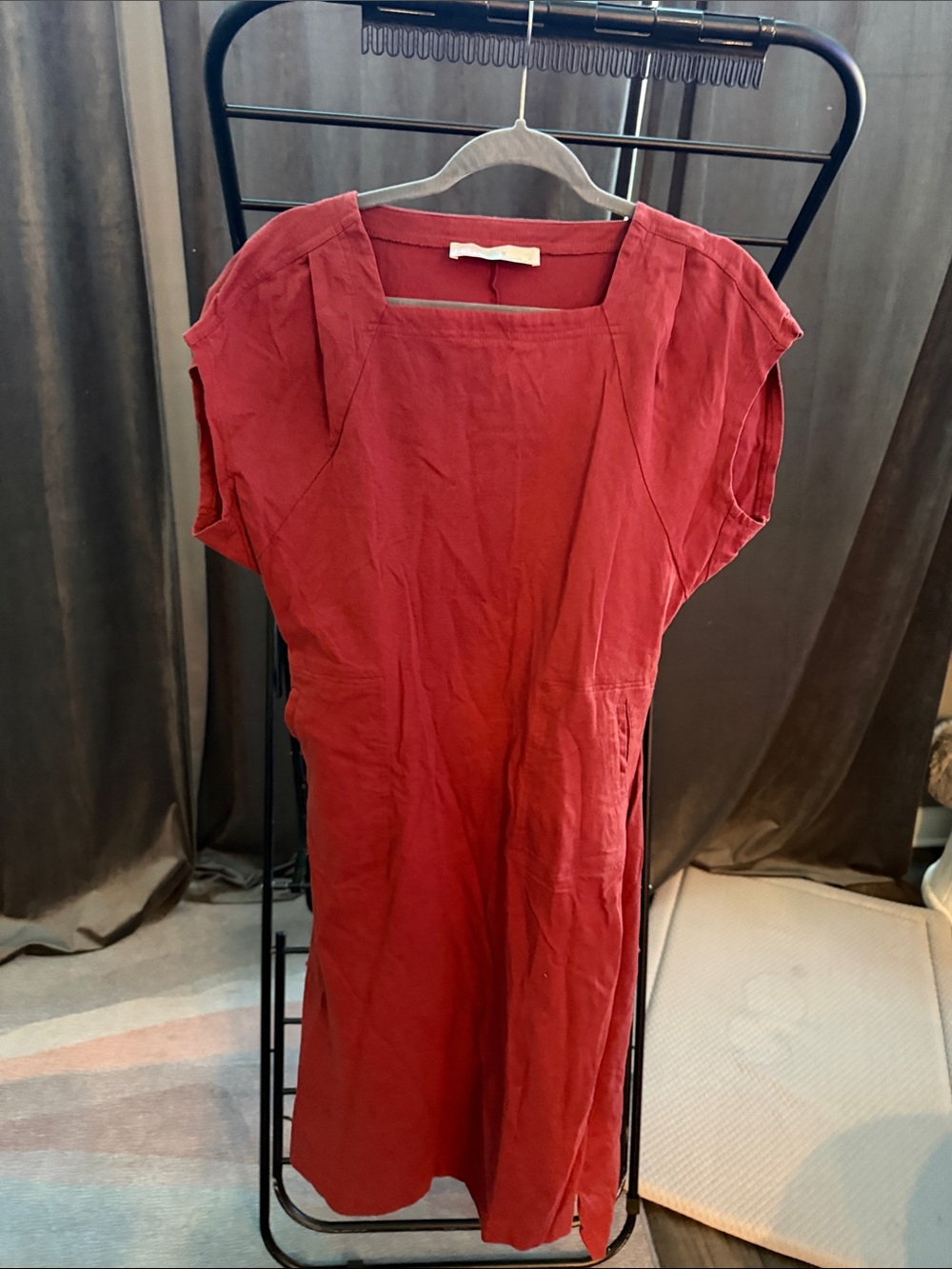 Square-Neck Midi Dress in Deep Red